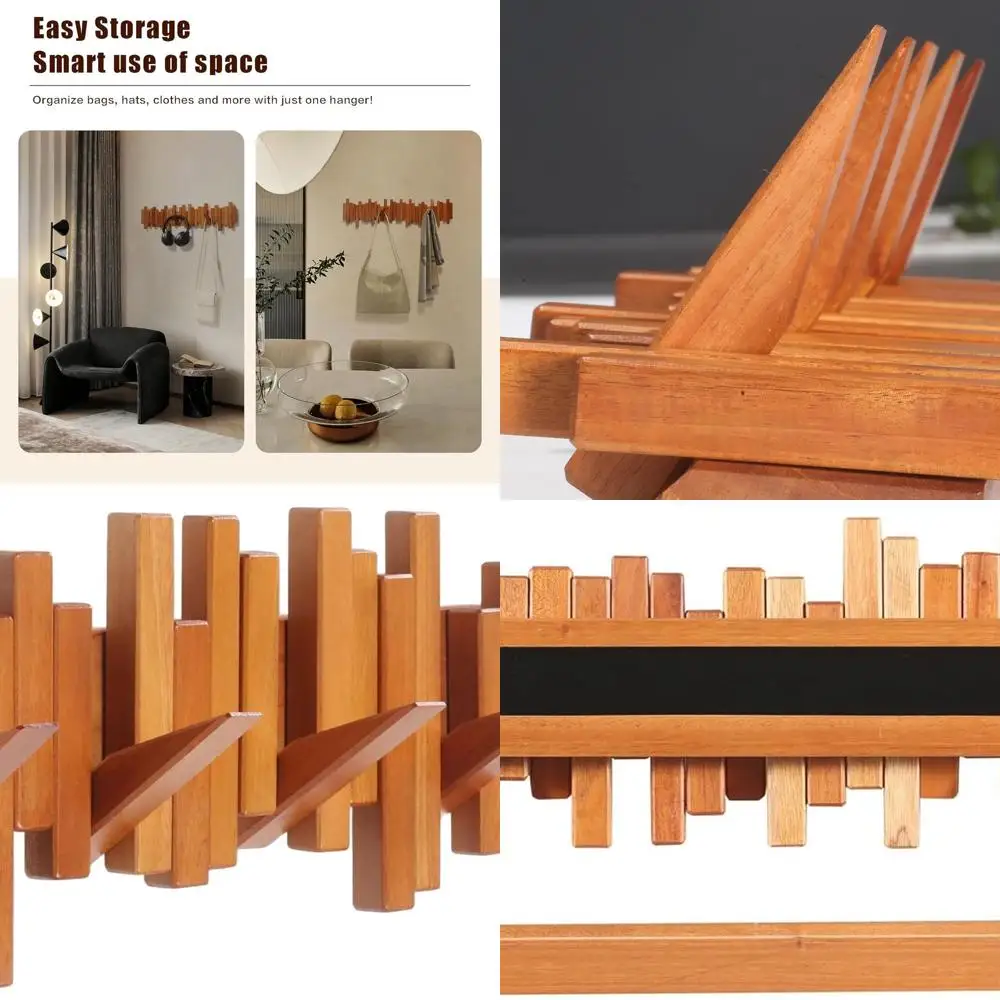 

Natural Cherry Wood Wall-Mounted Coat Rack with 5 Unique Flip-Down Hooks for Hats, Bags, and Umbrellas