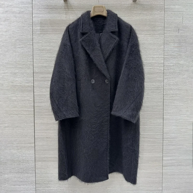 

Высококачественный женский мех альпаки — шерстяное пальто средней длины с двухрядными пуговицами — классический дизайн, элегантный демеандор 25919135