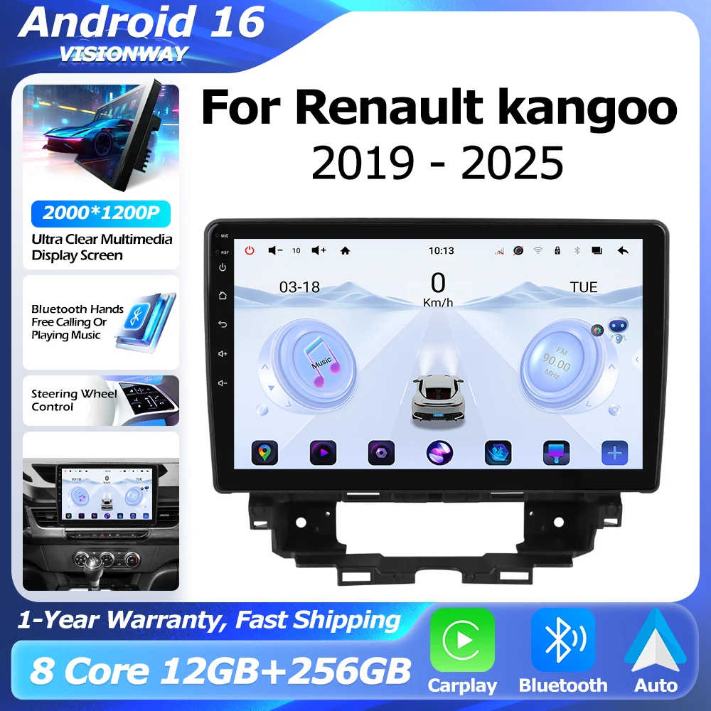For Renault kangoo 2019-2025 QLED 2000*1200P 8 Core Android 16 GPS Intelligent Multimedia Player Auto Wireless CarPlay WIFI DSP