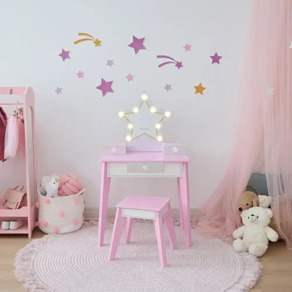 Children's Pink Makeup Table Set with LED Lights, 2-Piece Vanity Desk, Mirror, Storage Drawers, and Stool for Ages 3+