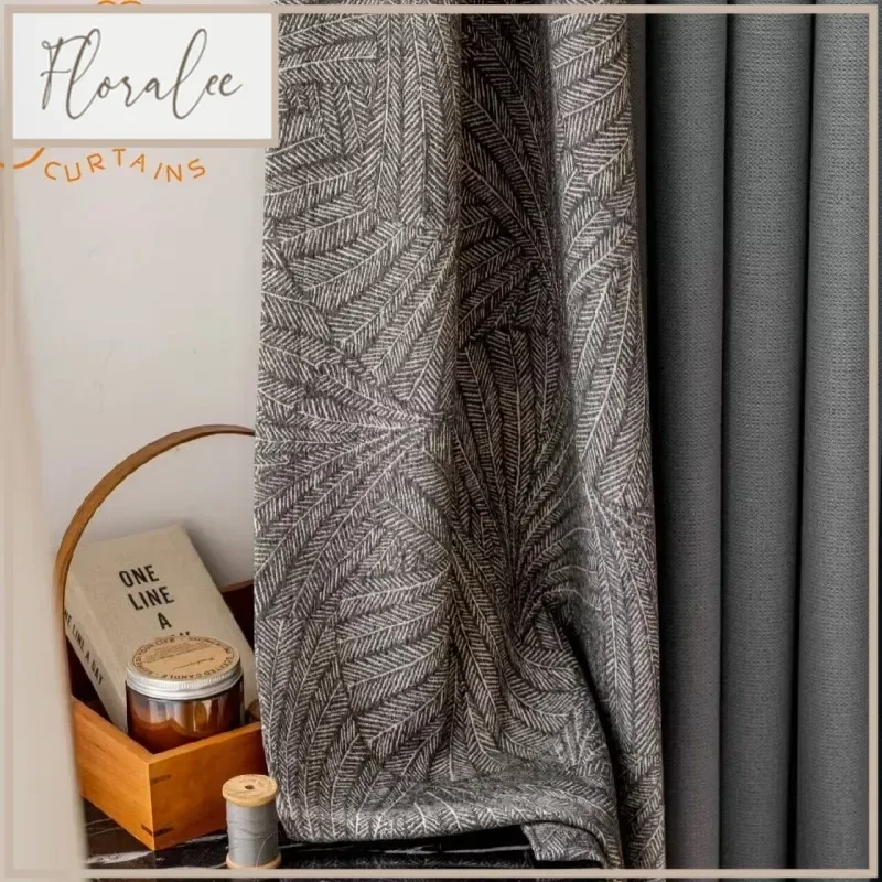 New Gray Linen Texture Stitching Blackout Curtains For Living Room Bedroom Floor-to-ceiling Windows Custom Plant Jacquard