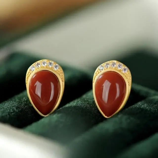 

Natural Khotan jade SNew silver inlaid earrings drop-shaped small retro niche design crafts women brand jewelry