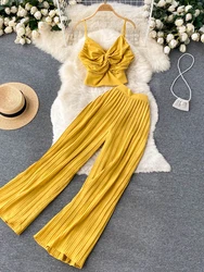 Summer Women Pleated Two Piece Set Sexy Female Criss Cross Twist Strap Tops + High Waist Draped Pants Beach Suits Vacation New