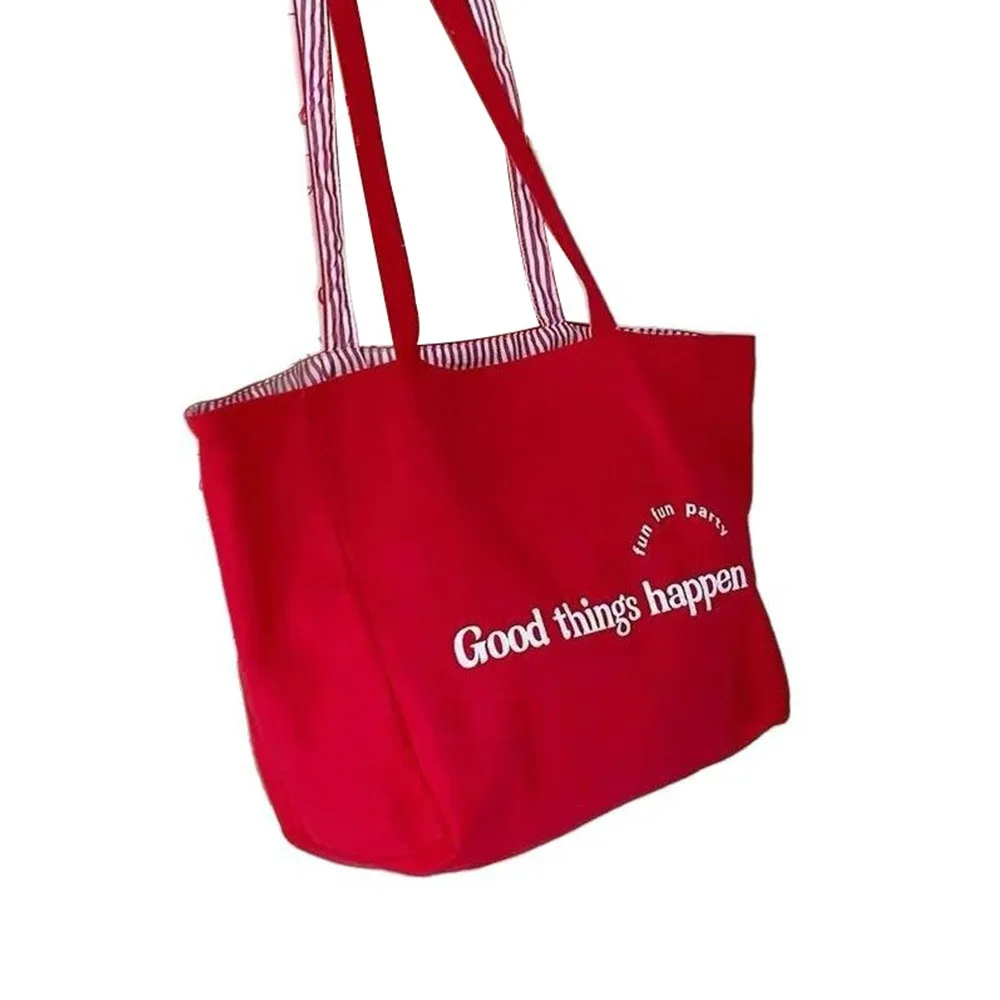

Red Letter Canvas Shoulder Bags Double-sided Simple Design Women Tote Bag Available Striped Large Capacity Letter Shoulder Bag