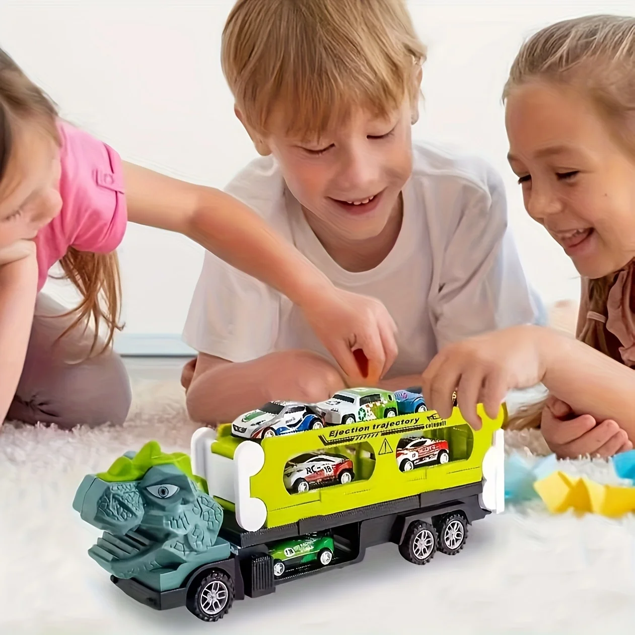 

A set of urban rail toys turned into dinosaur trucks, children's toys, 6 cars, garage cars, engineering cars, deformed large tru
