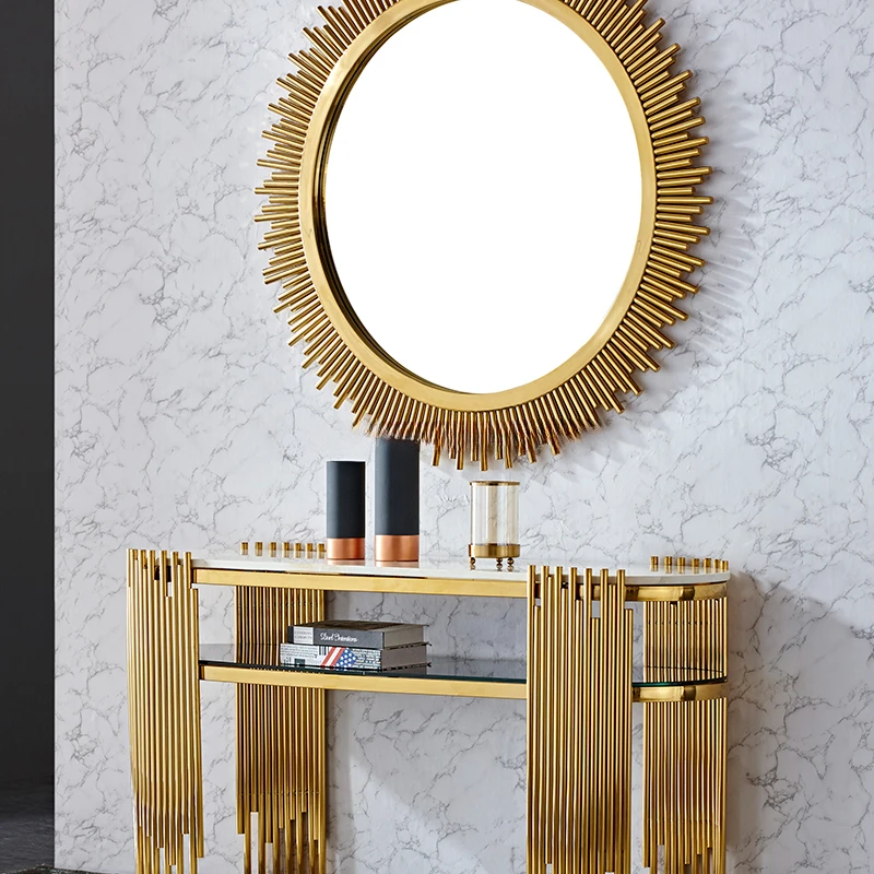 New arrival China Wholesale Gold ellipse console table entryway marble top stainless steel tables