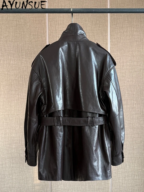 AYUNSUE 100% Genuine Sheepskin Women's Coat 2025 Autumn Mid Length Trench Coat Woman Clothes Leather Jackets with Belt 가죽자켓 여성
