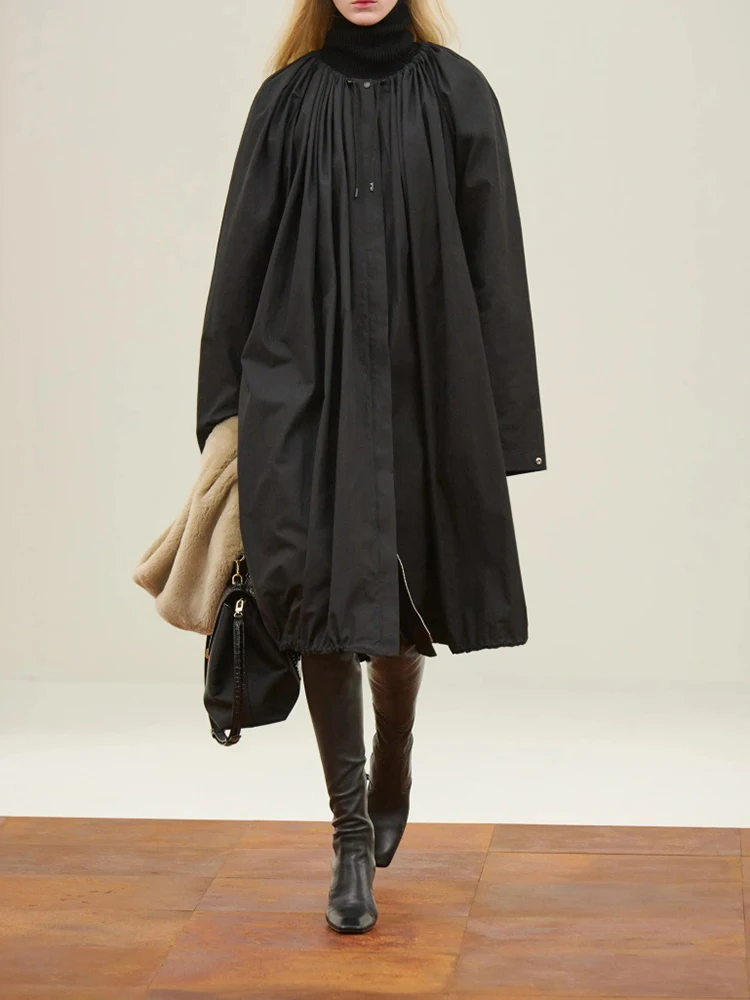 

Long trench coat, design A-line loose silhouette pleated drawstring ladies trench coat 2026 spring new