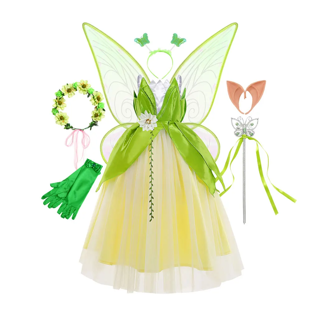 Halloween Cosplay Baby Girls Party Christmas Green Flower Fairy Wings Carnival Tinker Bell Dress Frog Tiana Princess Costume