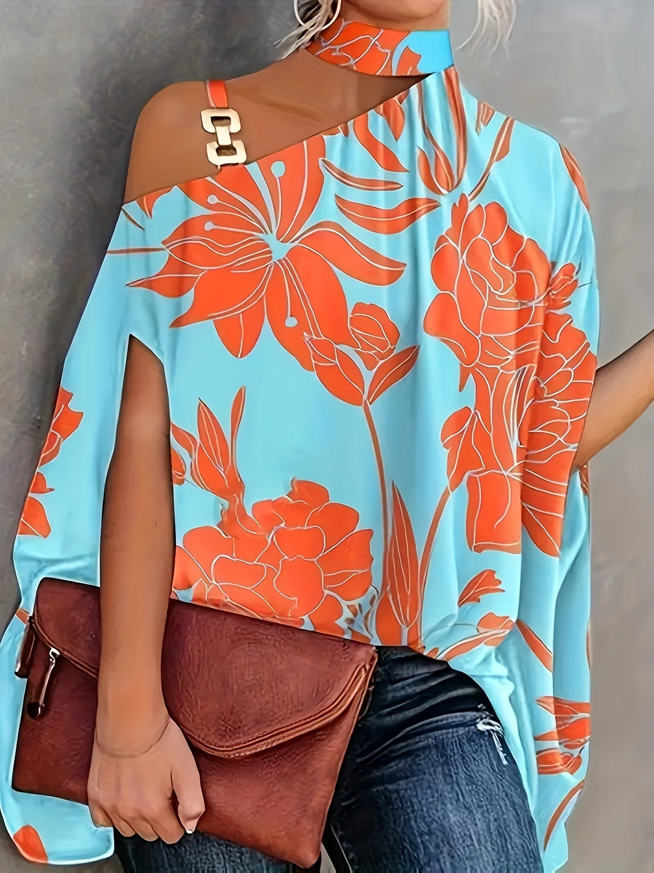 Plus Size Sexy Halter Loose Blouse Tops Women's Elegant Print Off Shoulder Batwing Sleeve Pullover Shirt 2023 Summer Fashion Str