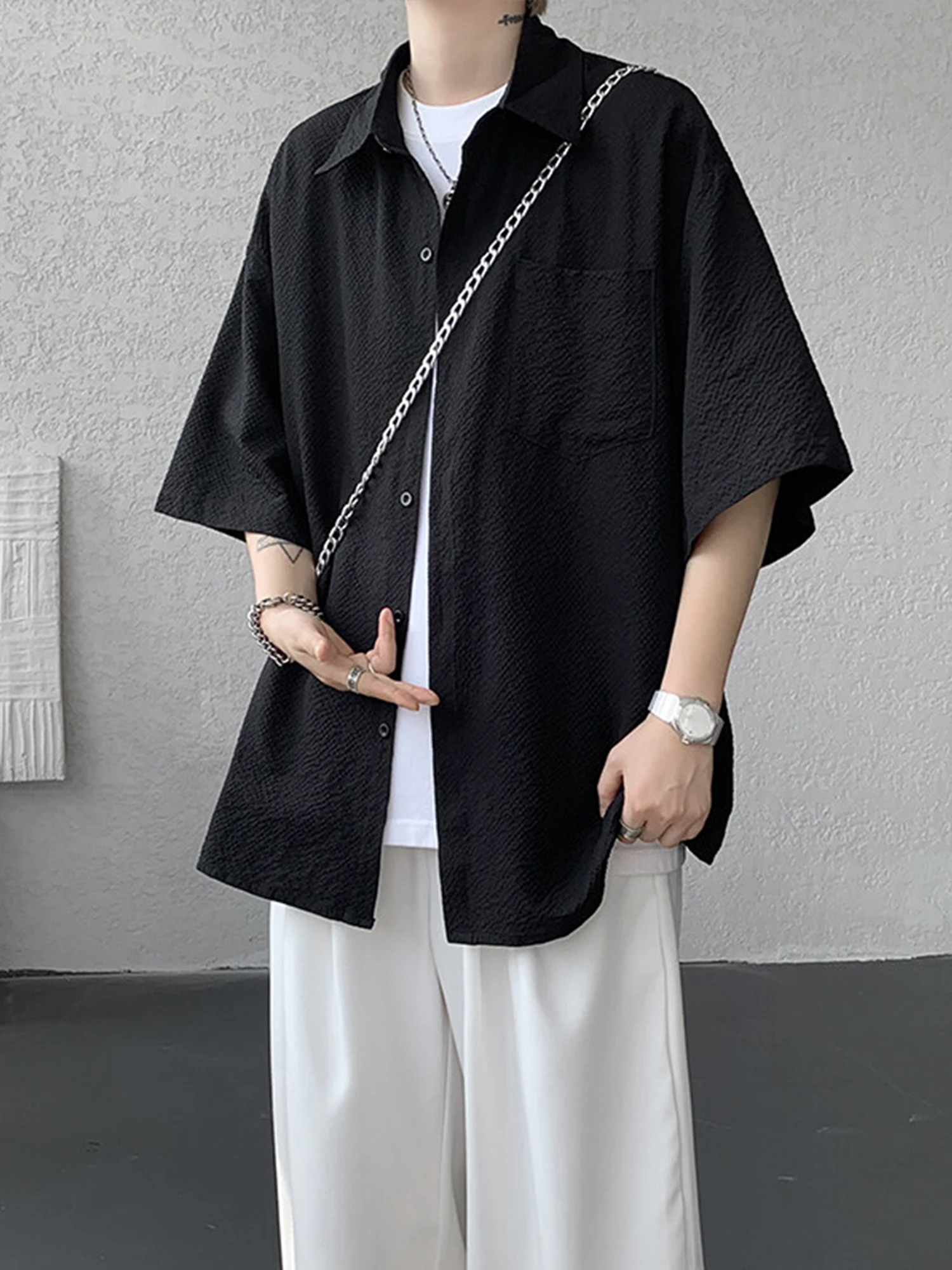 

Loose Fit Ice Silk ort Sve Men's irt Salt Sink Texture Bubble Cloth Sun Protection Outerwear Youthful Summer Sle