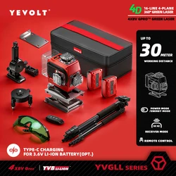 YEVOLT Green Laser Level YVGLL4CH16-Series 4-Plane 16-Line Self-leveling 360 4D Power Tools Measuring Tool Tripod