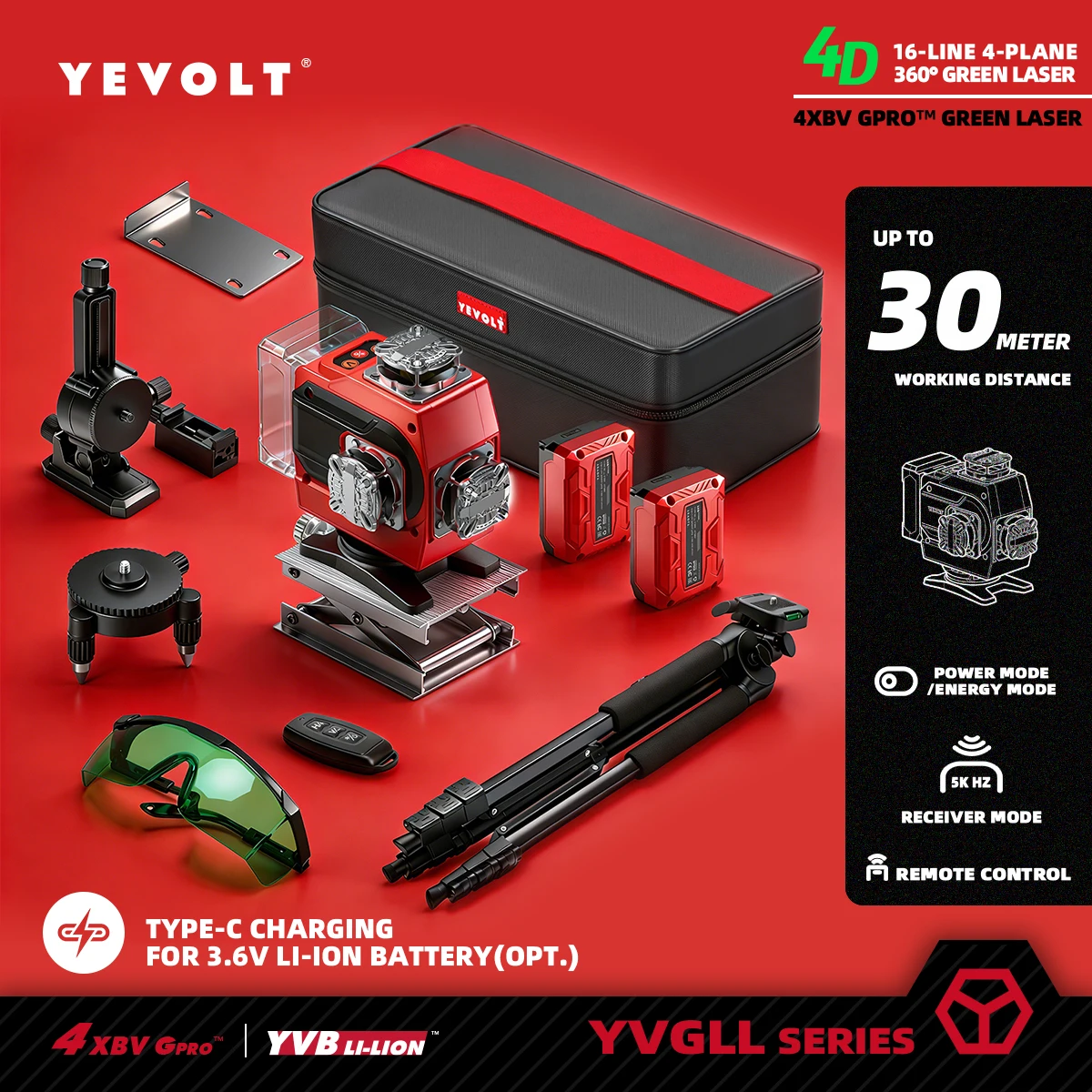 YEVOLT Green Laser Level YVGLL4CH16-Series 4-Plane 16-Line Self-leveling 360 4D Power Tools Measuring Tool Tripod