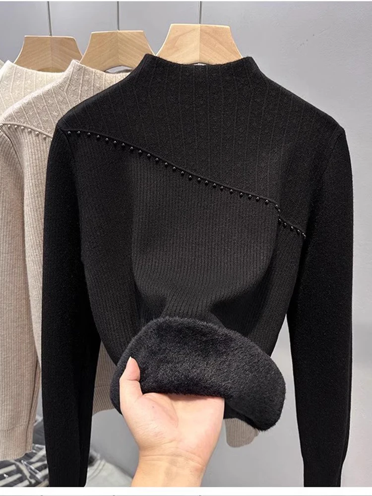 Women's Fce Lined f High Ne Knitwear Thiened Inteated Fce Base irt Trendy Bead Embellied Autumn Winter New...