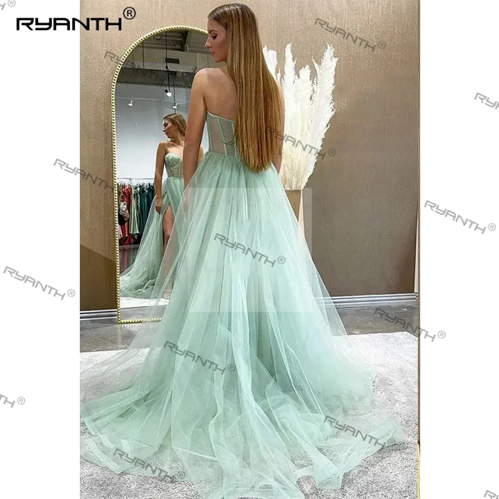 Ryanth A Line Minit Green Prom Dresses Sweetheart Neck Puff Tulle Side Split Party Dress s Sleeveless Lace Prom Party Gowns 2024