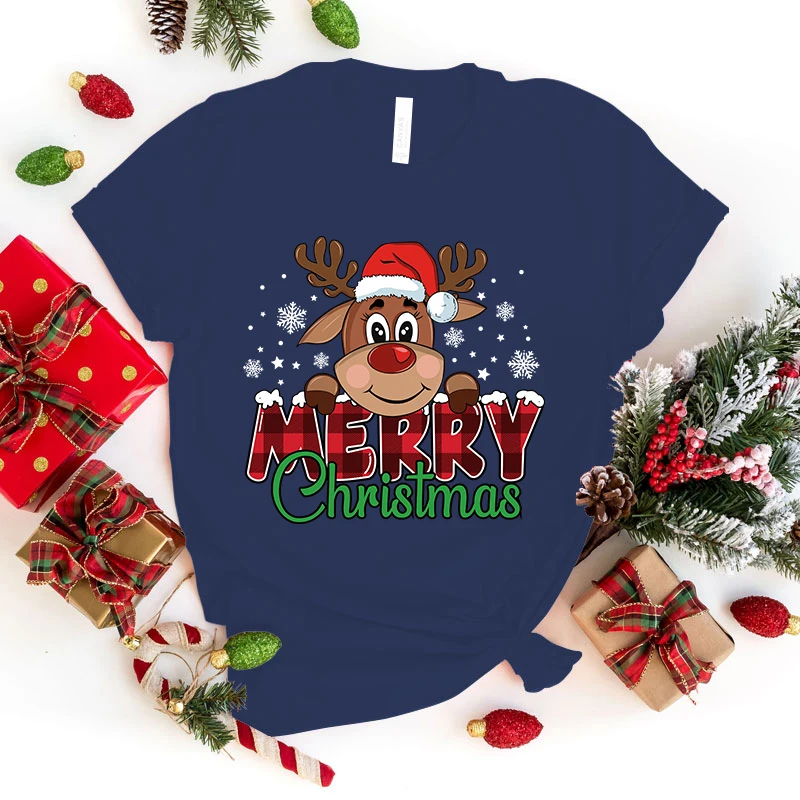 (Premium T-shirt)Cute Merry Christmas Print T-Shirts For Women Summer Lovely Short Sleeve Casual Round Neck T-Shirts Ladies tops