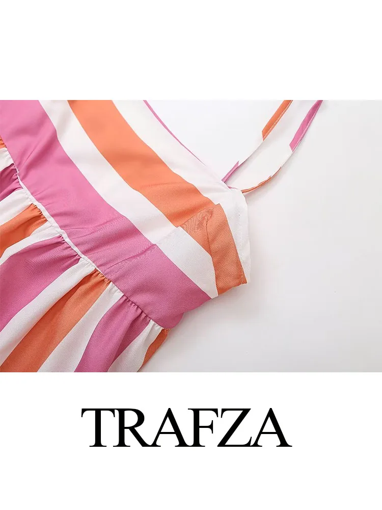 TRAFZA Women Summer Fashion Color Matching Suit Elegant Sleeveless Backless Suspender Tops+Elastic Waist Wide-Leg Pants Mujer