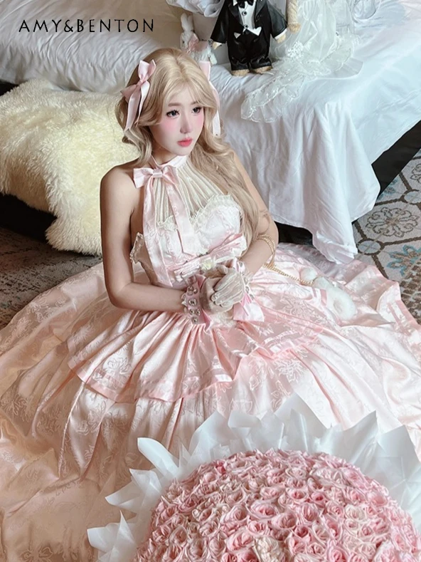 

Graceful Elegant Princess Evening Dresses Birthday Dress for Women Sweet Halter Pink French Romantic Sleeveless Mid-Length Dress