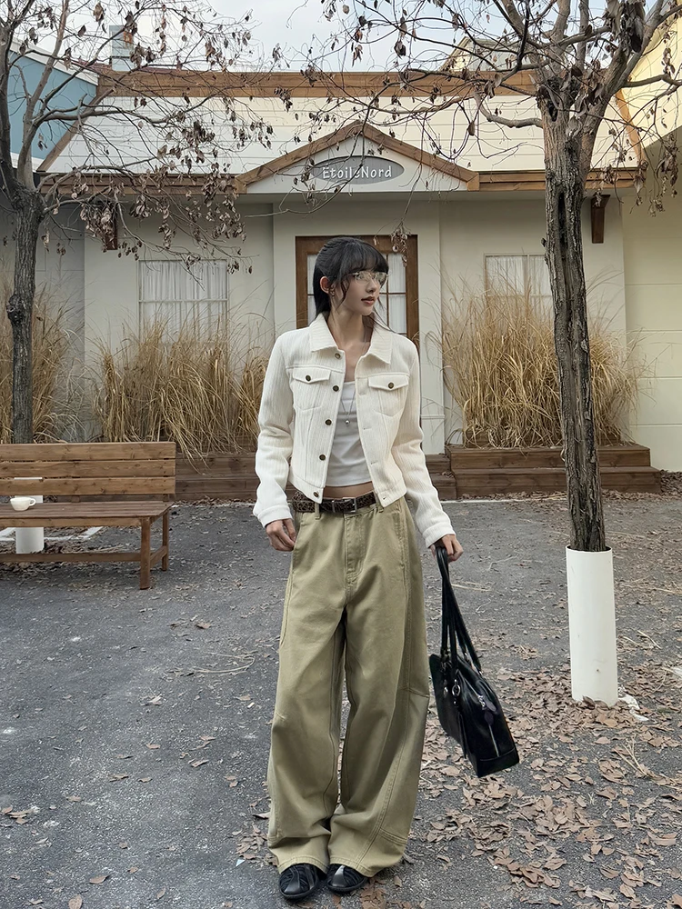 URKR Retro Sztruksowa Kurtka Damska Krótka Dopasowana z Wysokim Kołnierzem Zapinana na Guziki Casualowa Odzież Wierzchnia Poliester Nylon