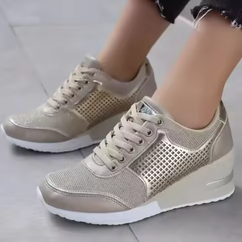 2025 Wedge Sneakers Mesh Platform Shoes Solid Color Thick Bottom Zipper Vulcanized Shoes for Women's Sneakers Zapatos De Mujer