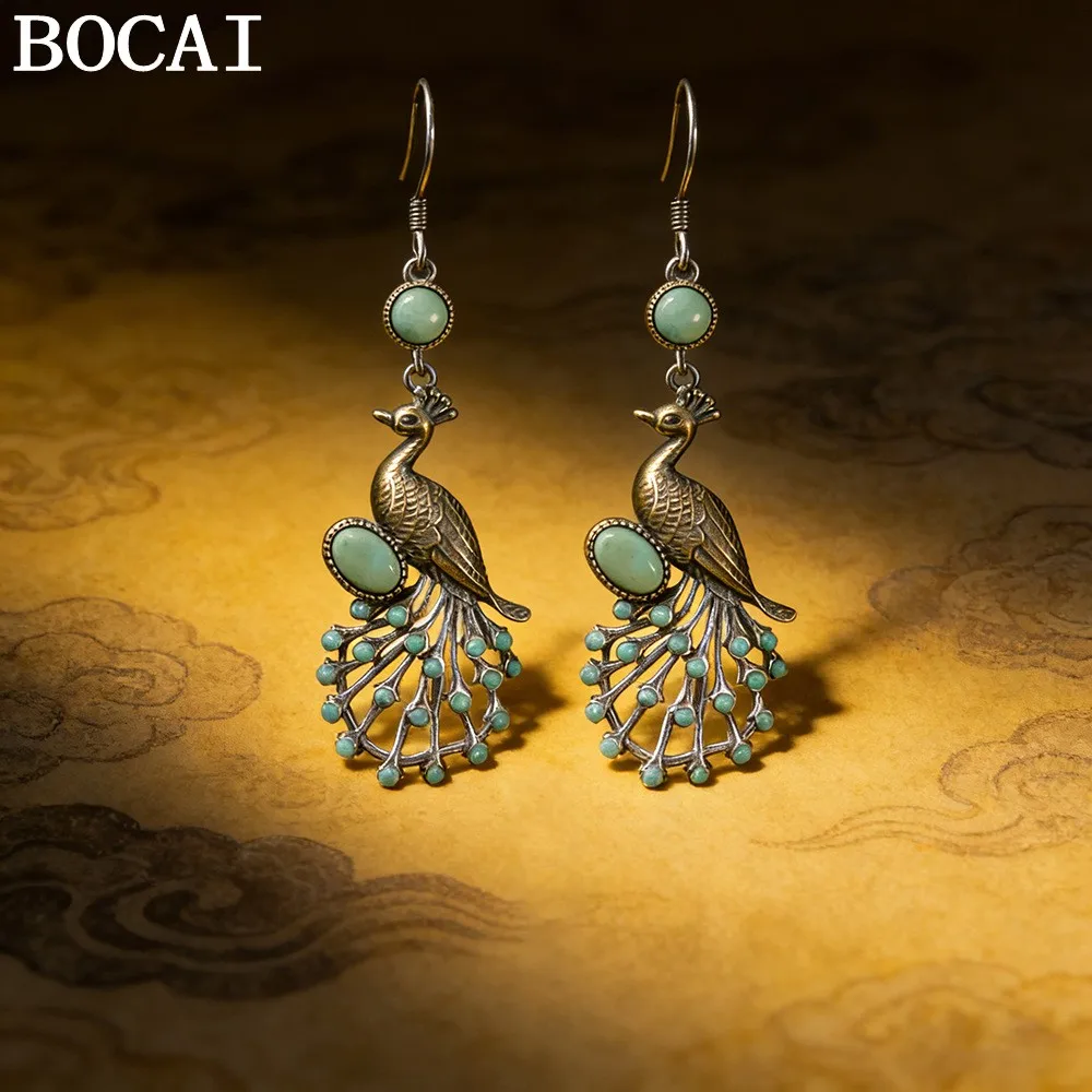 

Новые винтажные серьги BOCAI S925 из серебра в китайском стиле с павлином и камнем пиньшуй, подарок для женщин