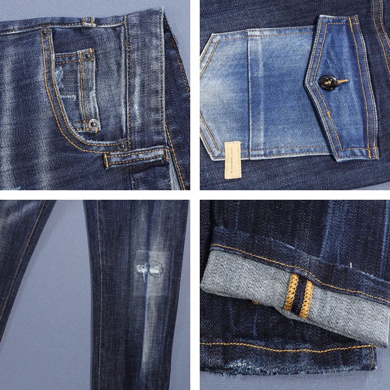 Y2K designer Street Fashion men's jeans, high-quality retro blue elastic slim fit corrugated jeans, designer retro brand pants