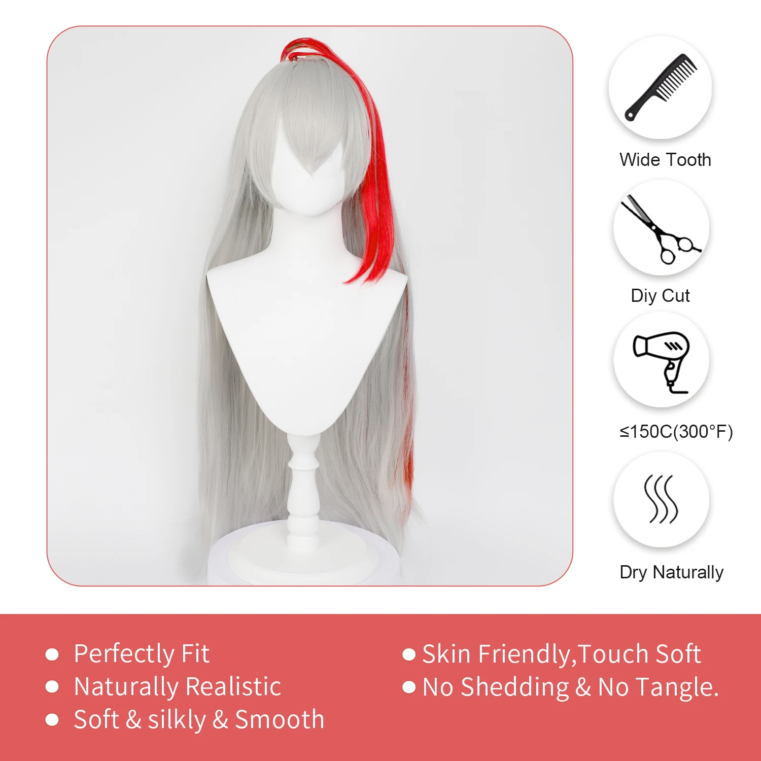 30インチ コスプレウィッグ オナー・オブ・キングス イン・ダーク・フェザー グレーレッドグラデーション 耐熱ロングストレート合成毛 女性用