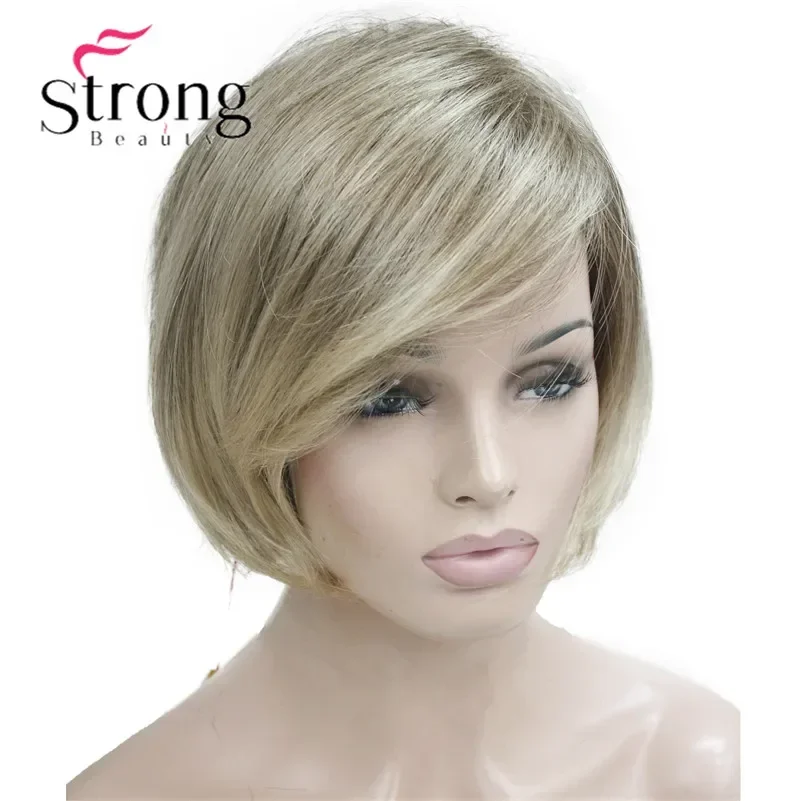 StrongBeauty Short Straight Ombre Blonde Bob Side Swept Bangs Synthetic Wig Women Full Wigs COLOUR CHOICES