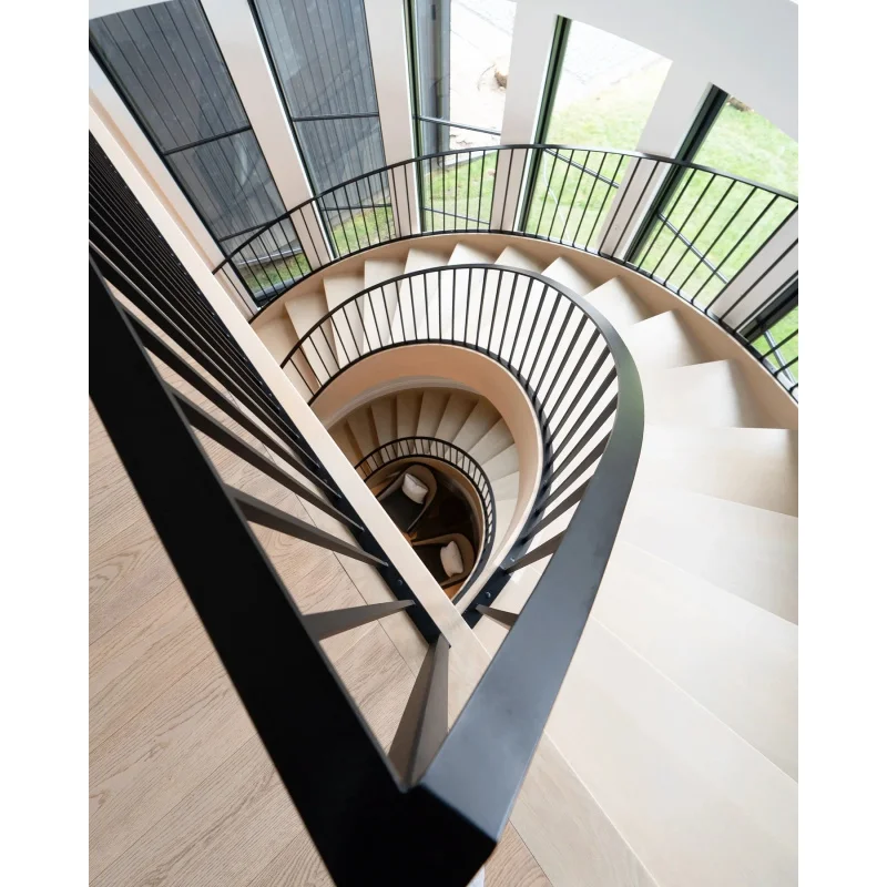 custom.Curved Wrought Iron Staircase Glass Solid Wood Construction Durable Installation Modern Design Indoor High-end