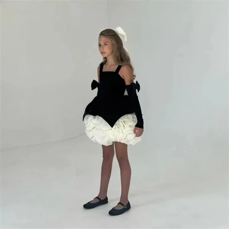 Elegant Children's Dresses Formal Celebration Pageant Costume Girl's Black Retro Sling Princess DressClothes Birthday Host Show