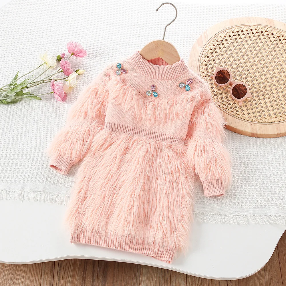 فستان غامض متماسك بلون سادة للأطفال فستان بناتي للأطفال شتاء خريفي جديد عصري كوري فضفاض حلو دافئ