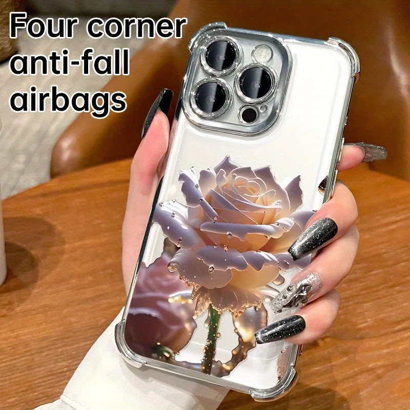 クリスタルジェイドローズデザインのフロスト加工スマホケース、Apple iPhone17 16 15 14 13 12 11 Pro Max Plus対応