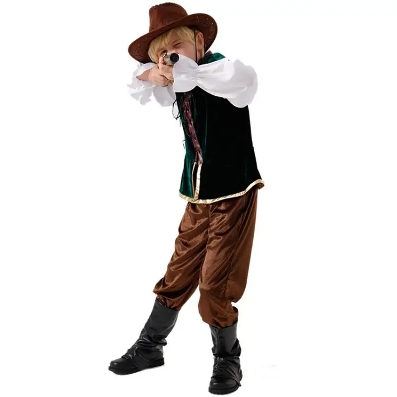 Medieval Stage Costume Pirate Hunter Cosplay Costume Children Halloween Holiday Party Long Sleeve Suit Stage Costume Party