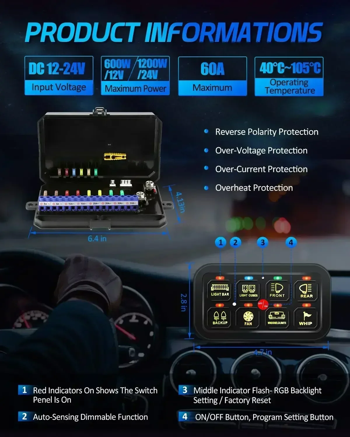 RGB 8 Gang Lights On-off Switch Panel 12V 24V Multifunction Toggle Momentary Pulsed bluetooth APP Controlle for Car ATV Boat