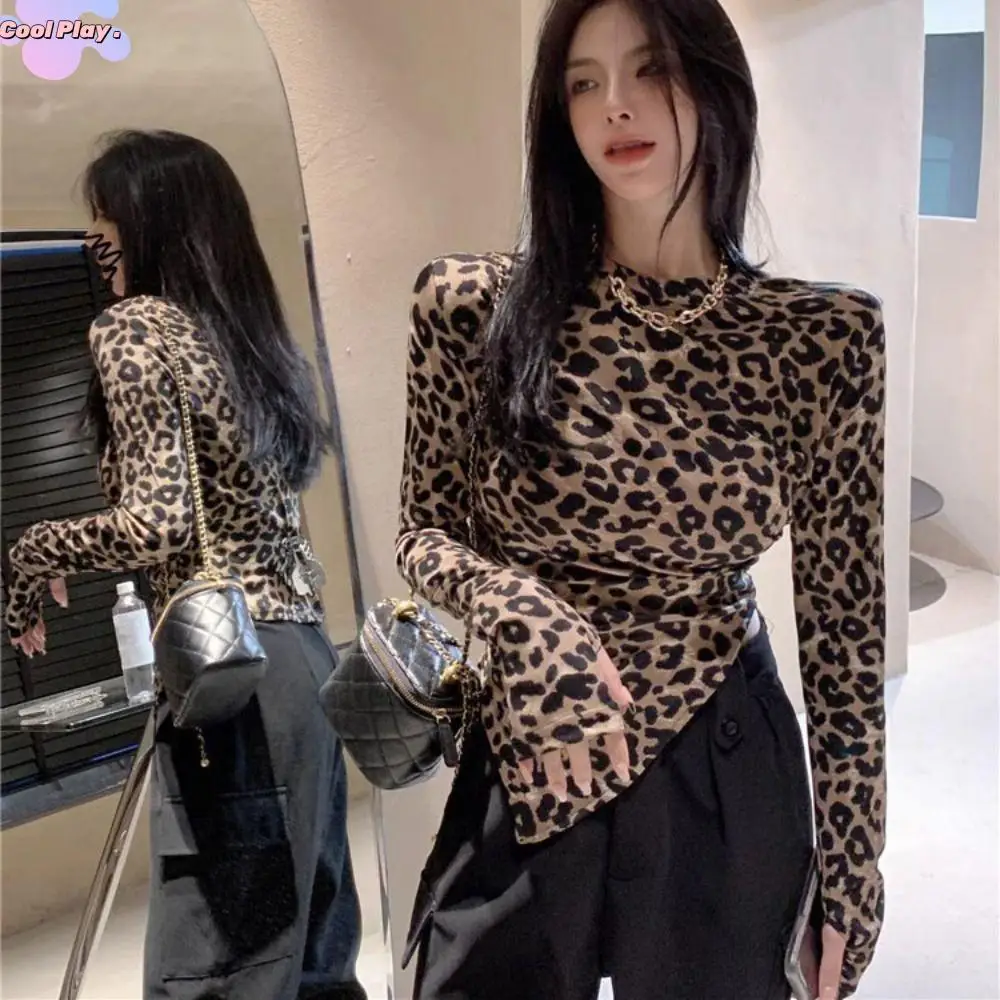 غير النظامية ليوبارد المحاصيل الأعلى قاع قميص سليم صالح الرسن Cheesy القمم الملابس النسائية Ins ليوبارد تي شيرت المرأة الشارع الشهير #1