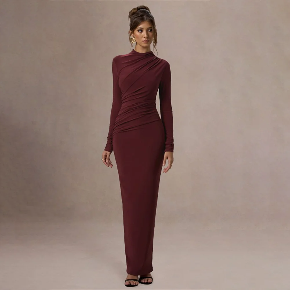 Robes de soirée col rond manches longues robe droite plissée robes de bal robes de soirée formelles robes de soirée élégantes pour femmes