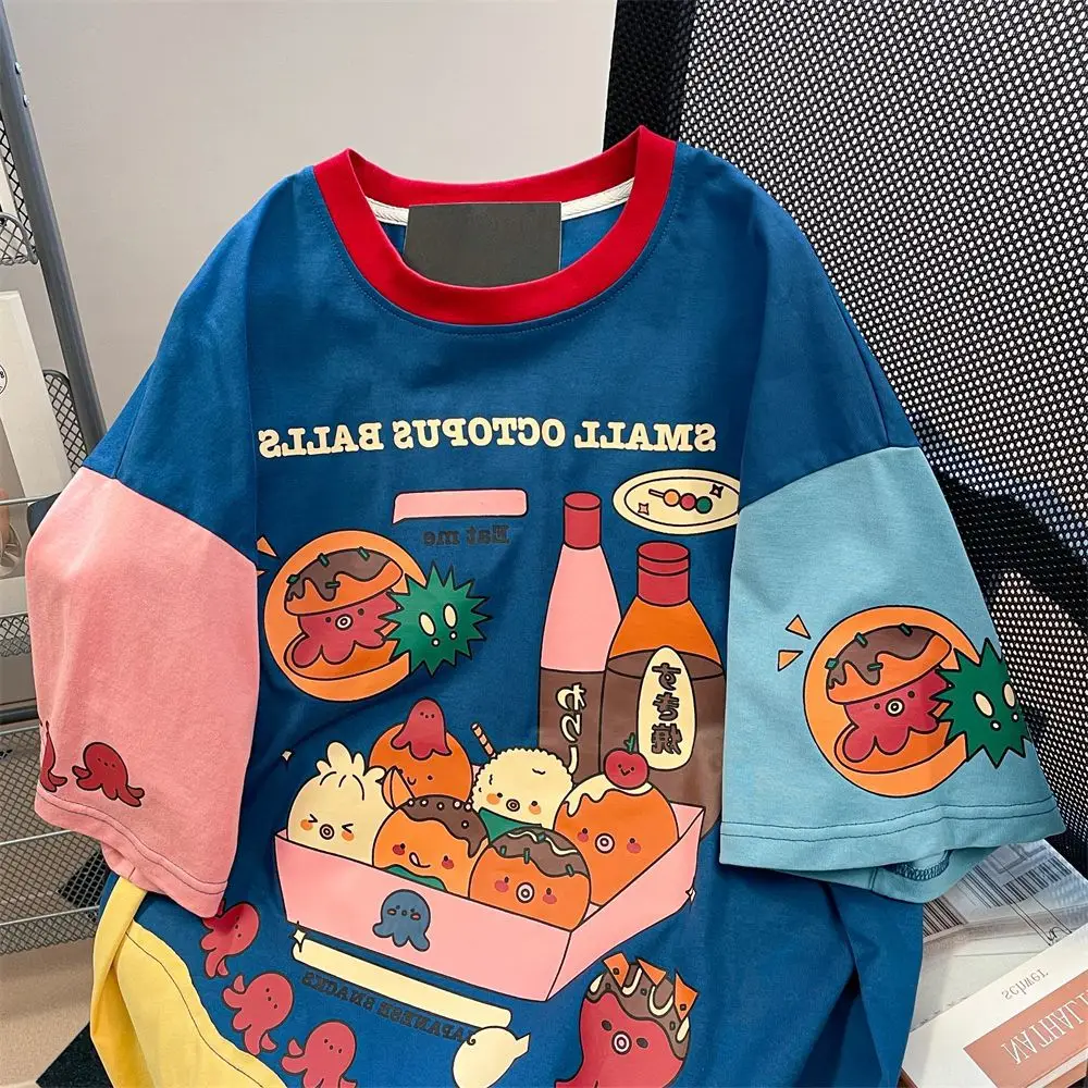

Japanese Harajuku Sweet Women Vintage Cartoon Print Short Sleeve T-shirt Summer Patchwork Tees Y2k Tops Aesthetics Clothes Chic