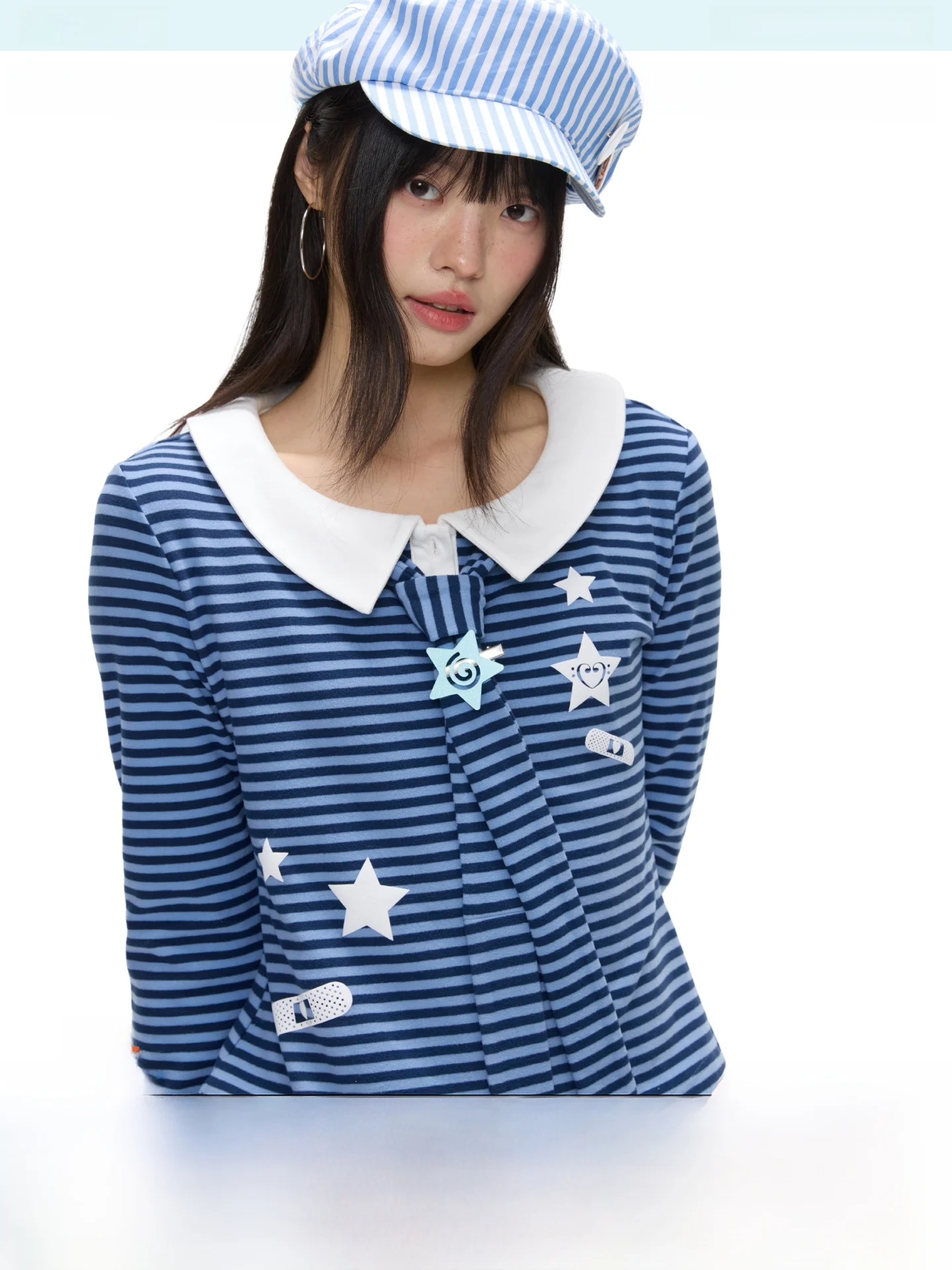 

Милая футболка с длинным рукавом, воротником «Питер Пэн» и звездным принтом, повседневная, свободного кроя, из полиэстера и спандекса, весенняя, темно-синяя, BENAND