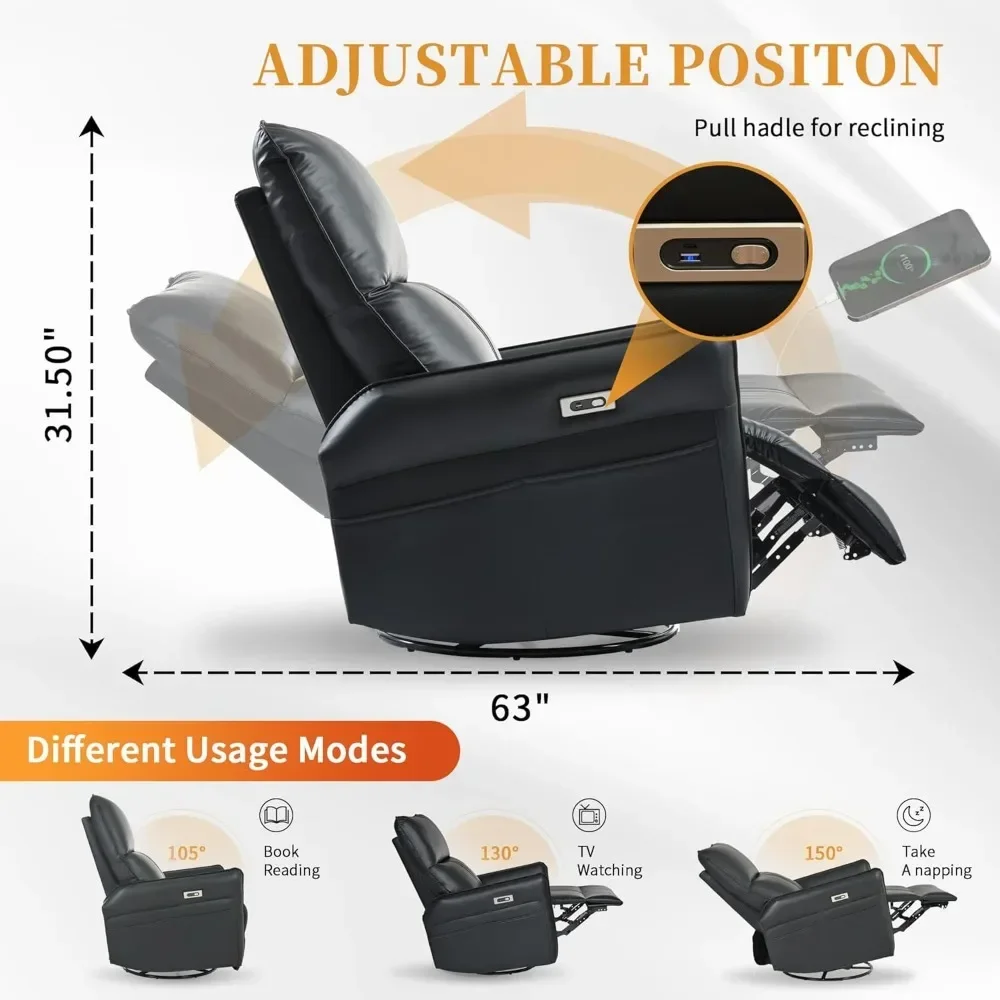 Living Room Chair for Nursery, Upholstered 270° Swivel Glider Chairs with USB Ports, Power Swivel Rocker Recliner Chair