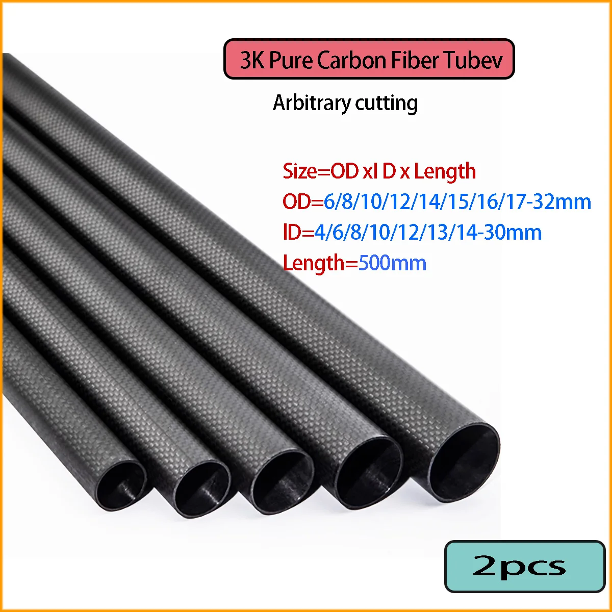 

2Pcs 3K Full Carbon Fiber Tube Plain Glossy High Composite Hardness DIY OD=6-32mm Pipe Length= 500mm Airplane Accessories