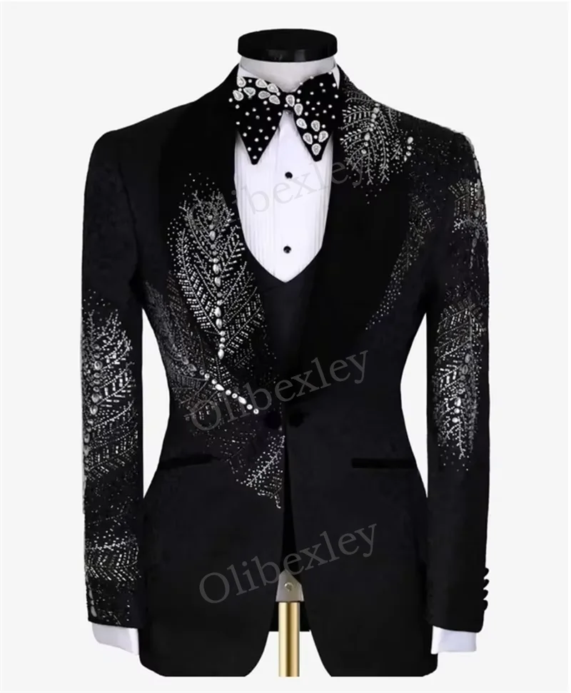 

Luxury Men's Suits 2 Pieces High Quality Elegante Beaded Crystals One Button Slim Fit Suits Wedding Groom Business Prom