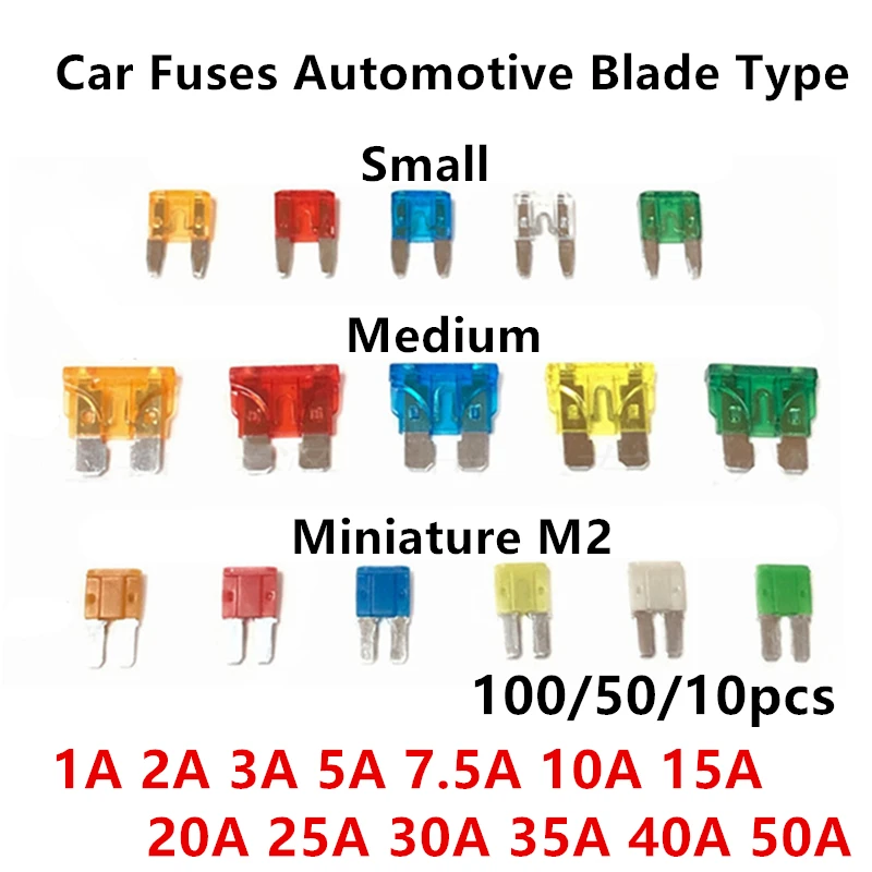 100/50/10pcs Miniature M2 Small Medium Car Fuses Automotive Blade Type Fuse 1A 2A 3A 5A 7.5A 10A 15A 20A 25A 30A 35A 40A 50A