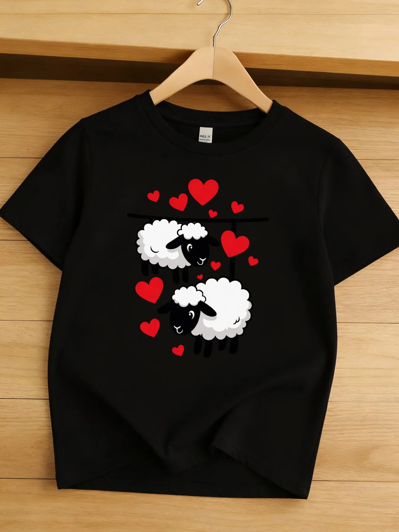 Kids Cute Hanging Sheep With Red Hearts Graphic Tee Boys Girls Family Matching Short Sleeve Sweet Casual Everyday T Shirt