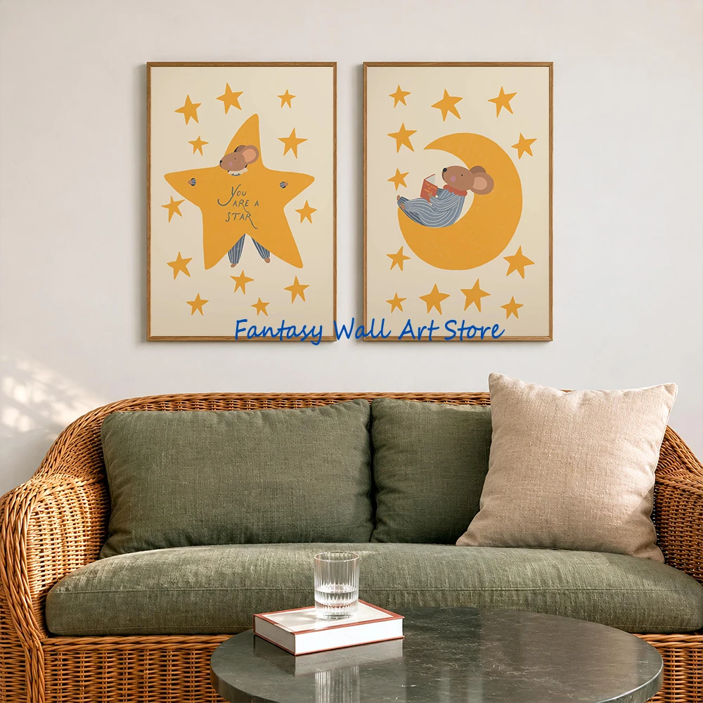 Vintage Mouse Wall Art Cute Cartoon Animal Nursery Poster Mouse Reading Kids Bedroom Stars Wall Decor Canvas Printing Pictures