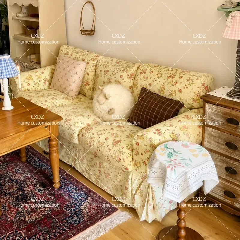 American Pastoral Floral Fabric Sofa Removable Washable 2 3 Seater French Retro Style Small Apartment Living Room Furniture