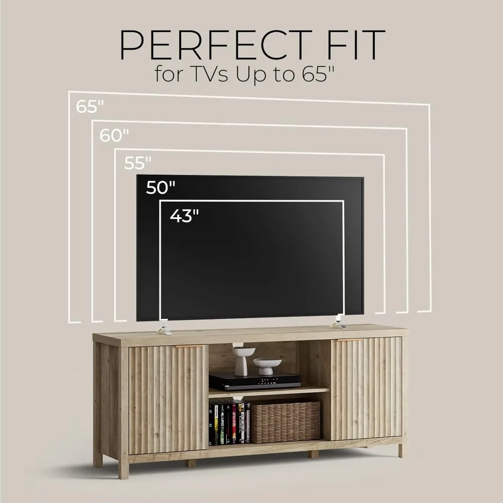 Рифленая подставка под телевизор с диагональю до 65 дюймов, развлекательный центр со шкафами для хранения и регулируемой полкой, современный Med середины века