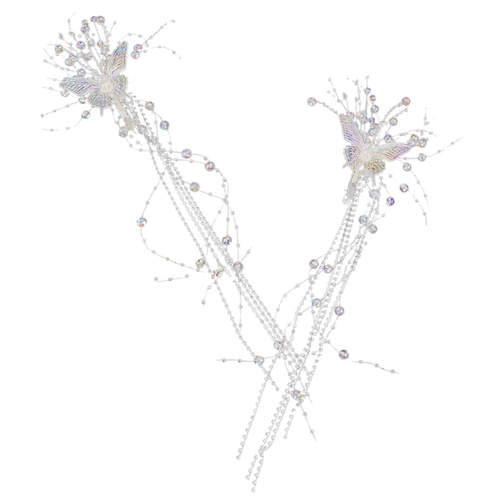 

2 Pcs Butterfly Tassel Hair Clip Elegant Bridal Hairpin Rhinestone Headpiece Delicate Style