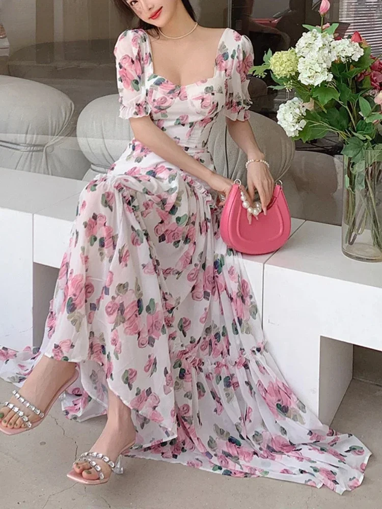 Women Elegant Maxi Dress Summer Vintage Square Neck Short Sleeve Vintage Dresses Ladies Slim A-line Floral Printing Long Robe