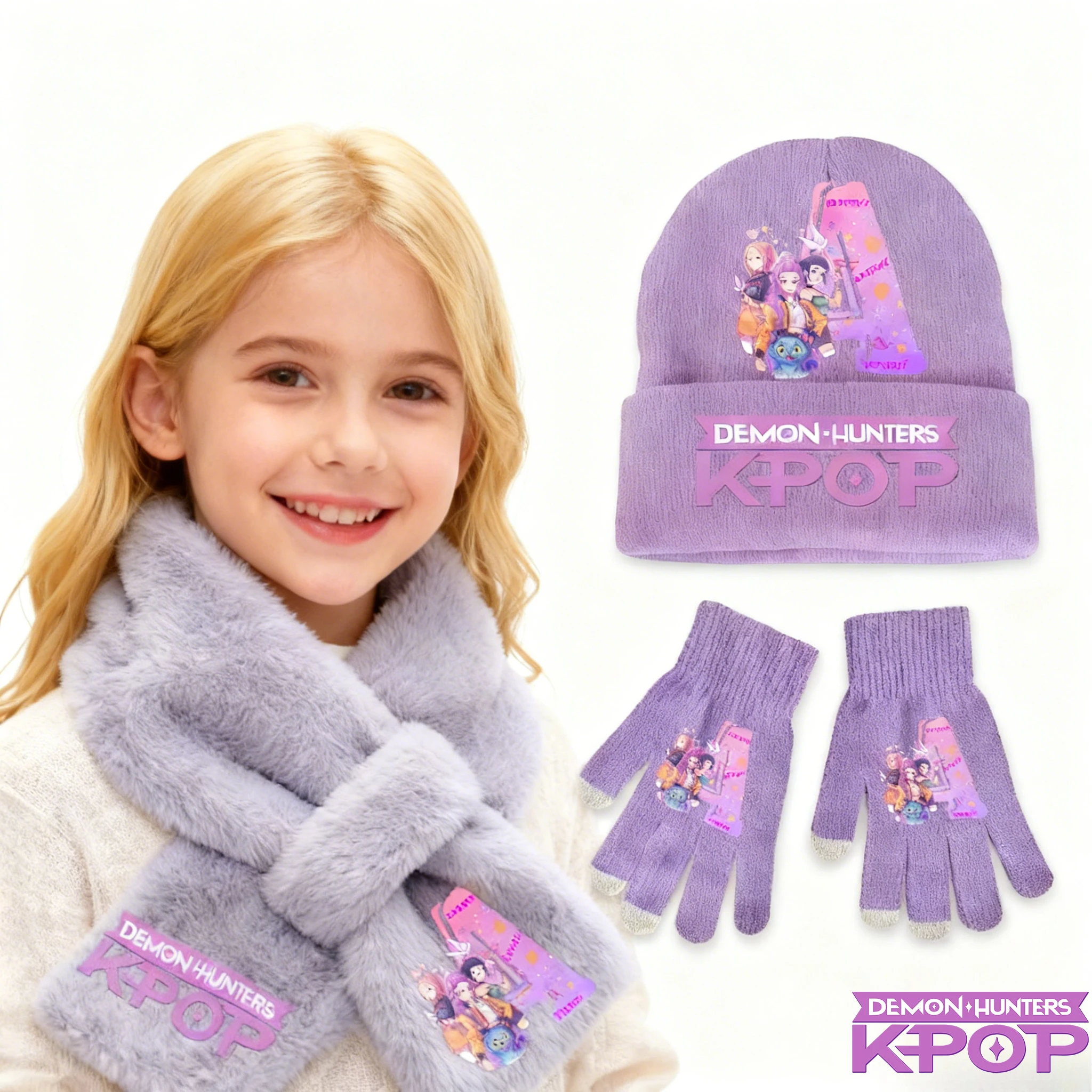 K-Pop Demon Hunters 3 pièces confortable doux enfants fille tricot ensemble hiver Style coréen chapeau écharpe gants cadeau d'anniversaire accessoires