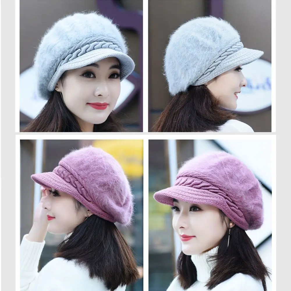 Vintage Dikker Warm Winter Baret Muts Gebreide Faux Konijnenbont Gezellige Muts Pluche Casual Oorbeschermkap Vrouwen